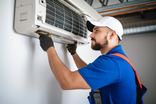 HVAC technician installing a mini split air conditioner in Pleasant Grove