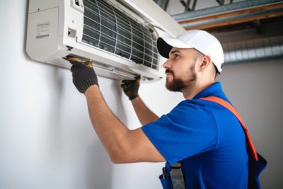 Air conditioning technician servicing a wall-mounted AC unit in Pleasant Grove, UT