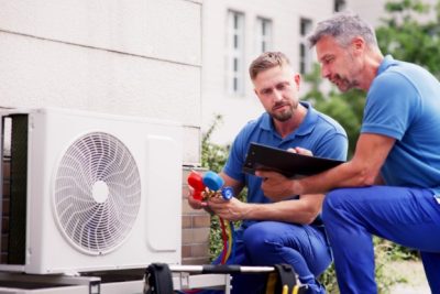 HVAC technicians reviewing an outdoor air conditioning unit in Pleasant Grove, UT